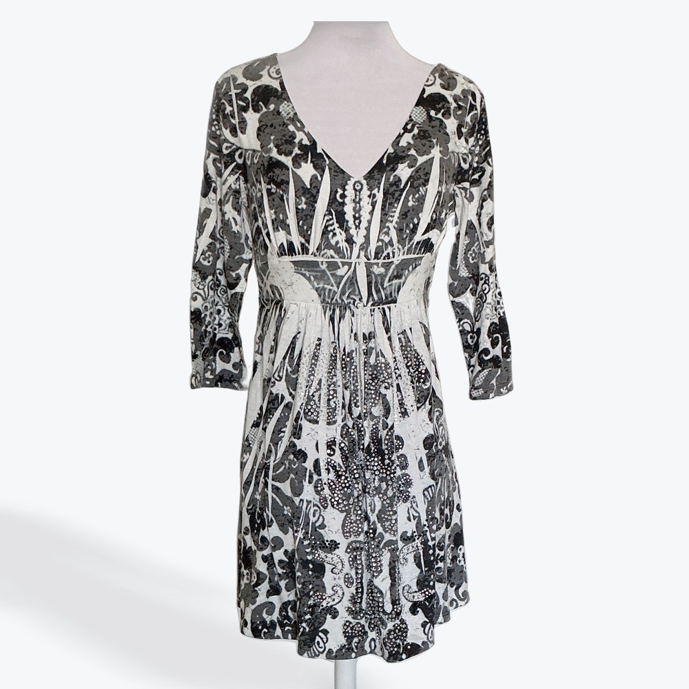 Charming Charlie Womens Black White Damask Rhinestone V-Neck Tunic‎ Dress Small
